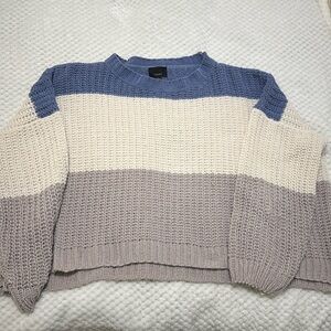 Dry Goods (Lumiere) color block (blue/white/grey) cropped knit sweater, size L